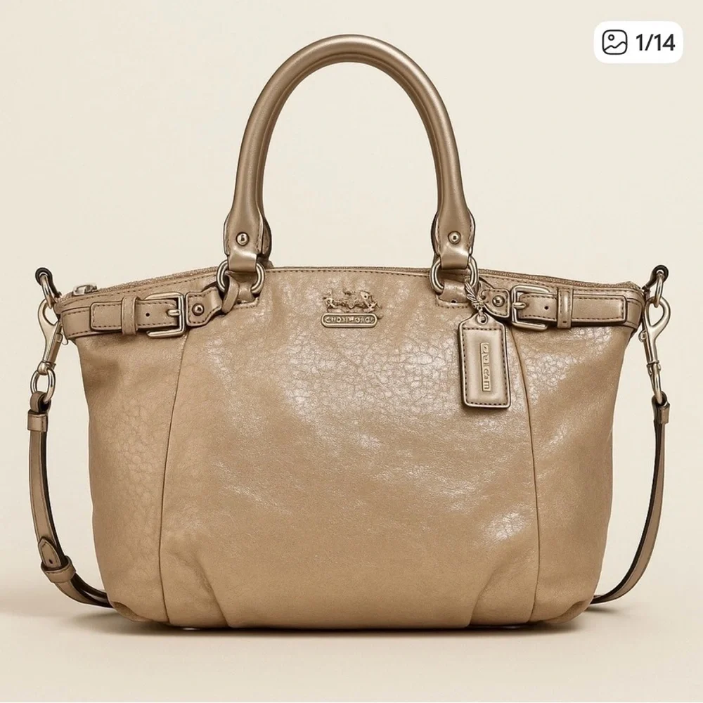Coach Tan Metallic Madison Satchel with Double Handles and Detachable Strap